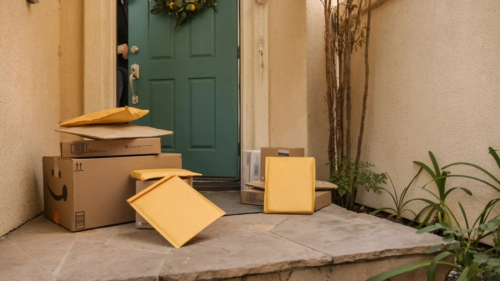 Cardboard delivery box on a wood front porch