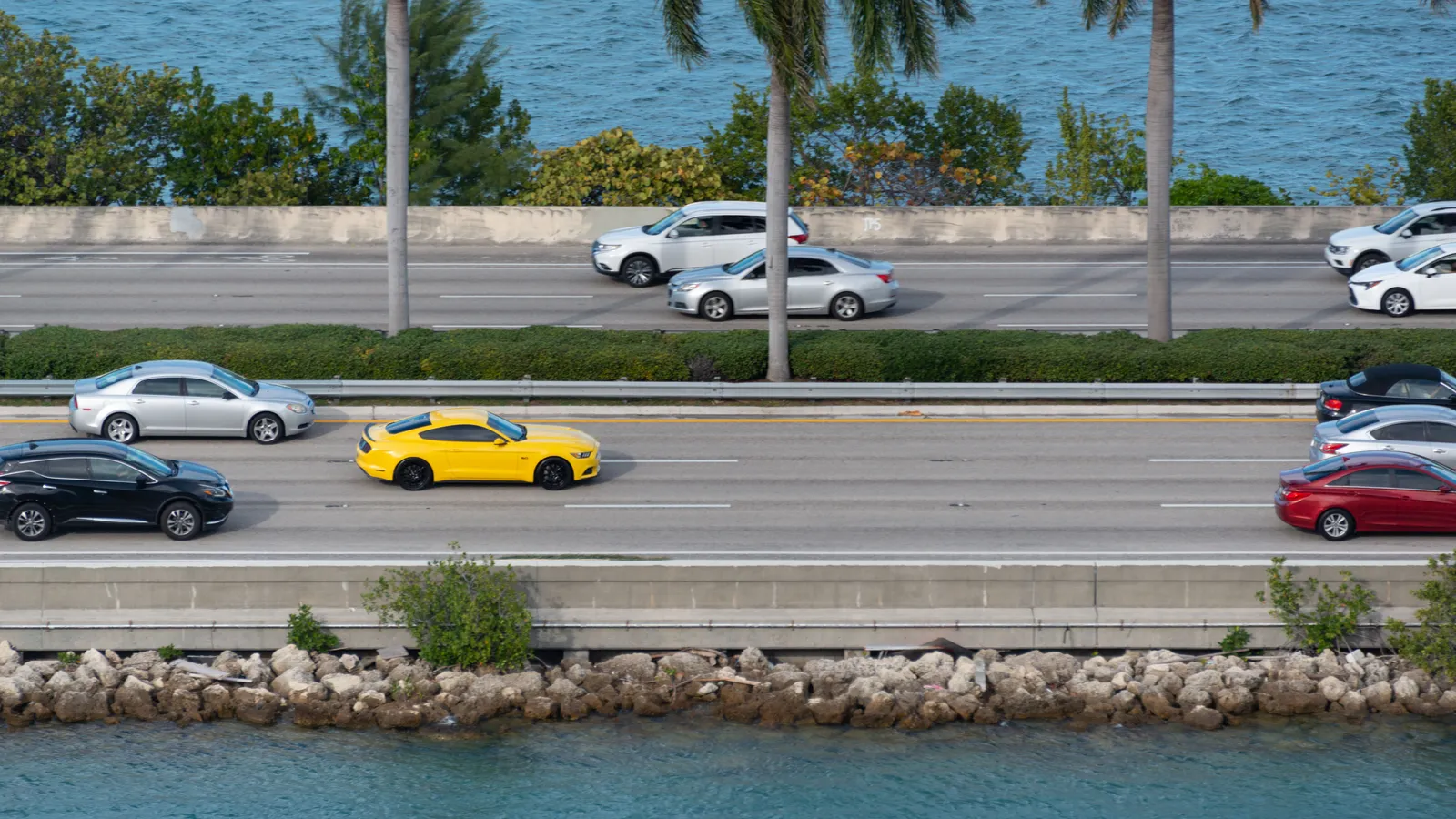 Aerial view of cars on a palm-lined Florida causeway above the water