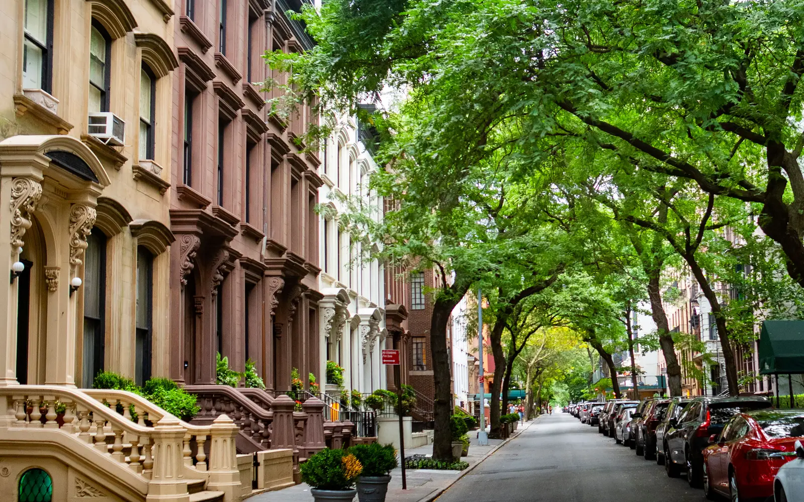Cars parked under shade trees on a New York street lined with brownstone row houses