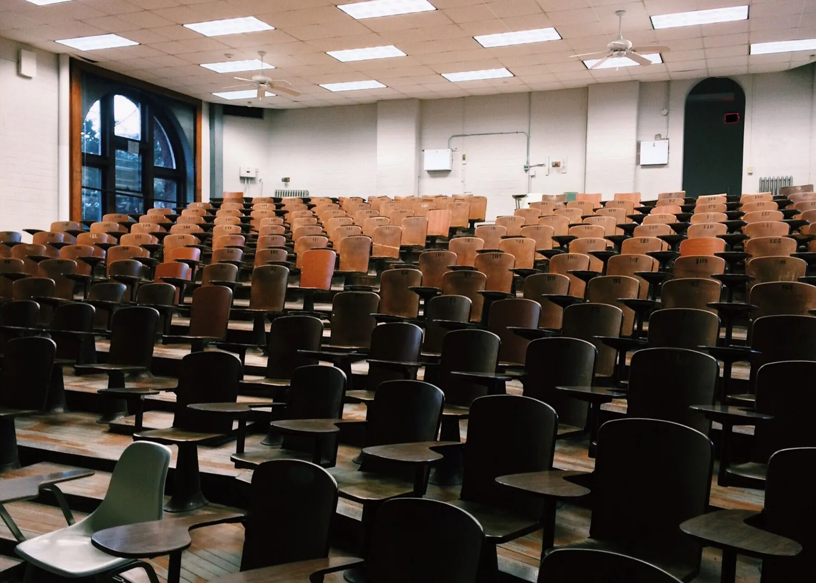 An empty university lecture hall with rows of wooden seats and daylight from high windows