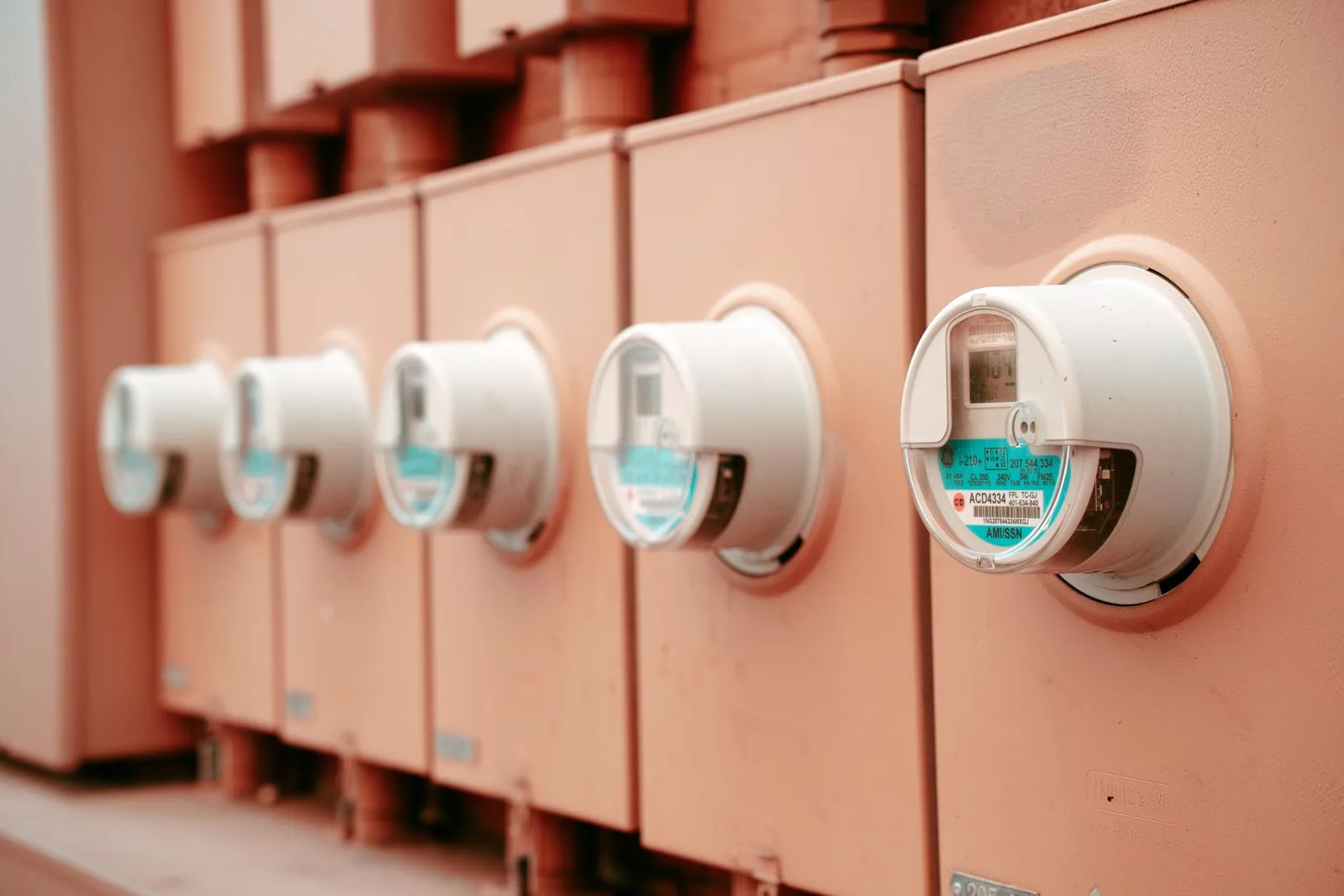 A row of utility electricity meters mounted on a salmon-pink wall